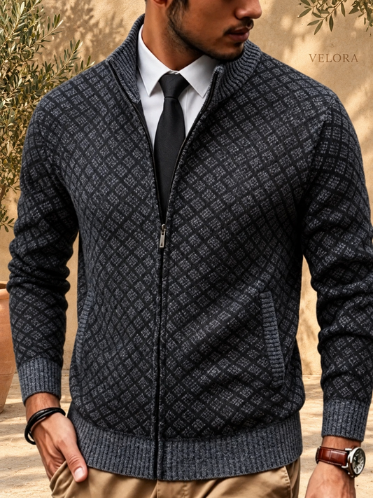 Men's Plus Size Geometric Patterned Full-Zip Cardigan – image 1 – VELORA Mediterranean