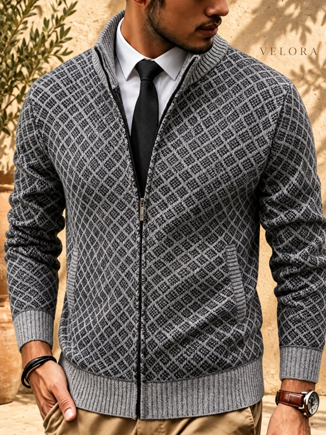 Men's Plus Size Geometric Patterned Full-Zip Cardigan – image 2 – VELORA Mediterranean