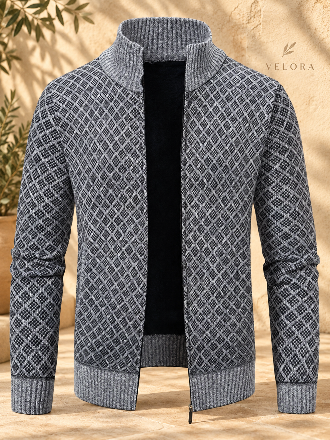 Men's Plus Size Geometric Patterned Full-Zip Cardigan – image 3 – VELORA Mediterranean