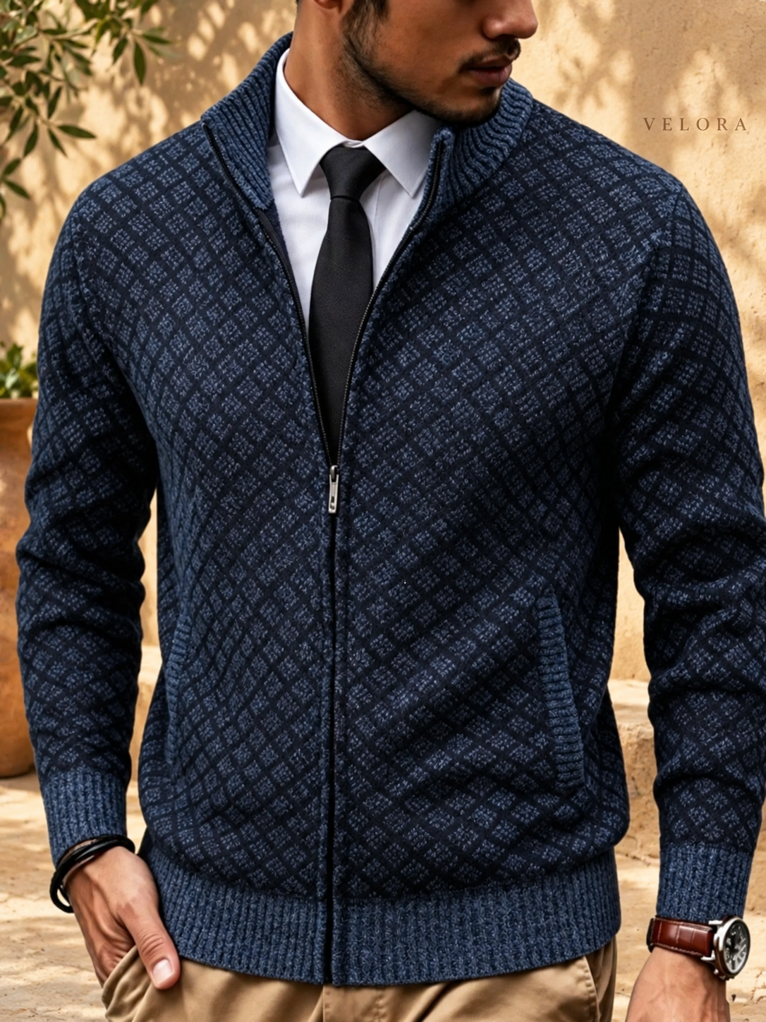 Men's Plus Size Geometric Patterned Full-Zip Cardigan – image 5 – VELORA Mediterranean