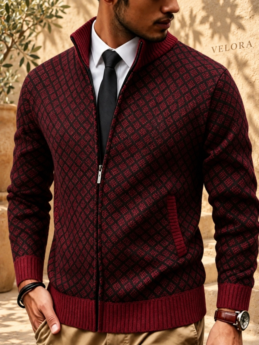 Men's Plus Size Geometric Patterned Full-Zip Cardigan – image 8 – VELORA Mediterranean