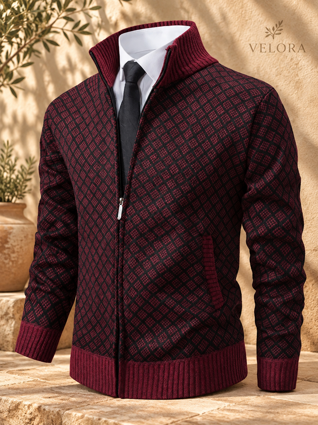 Men's Plus Size Geometric Patterned Full-Zip Cardigan – image 9 – VELORA Mediterranean