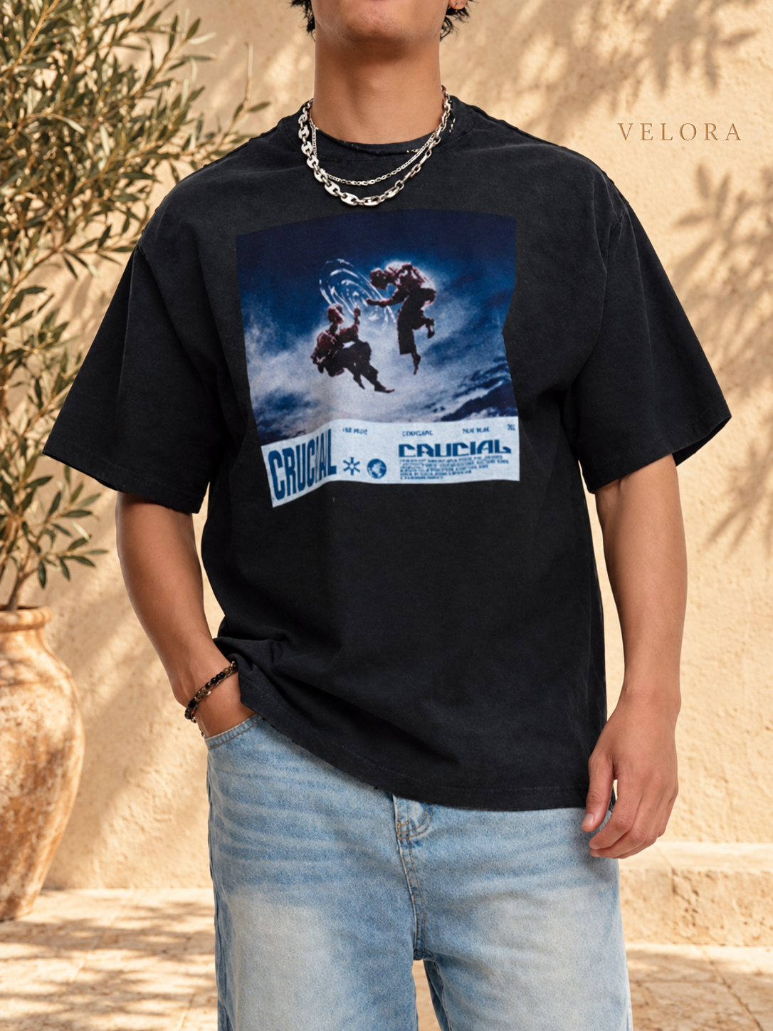 Men's Graphic Round Neck Oversized T-Shirt – image 1 – VELORA Mediterranean