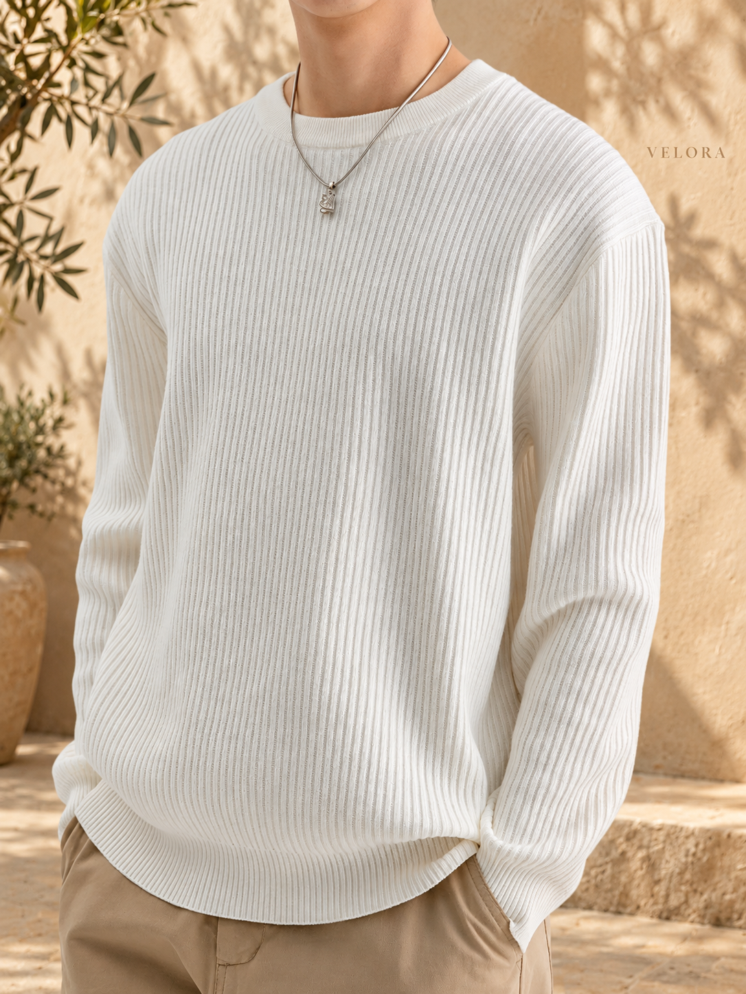 Men's Plus Size Ribbed Knit Crew Neck Sweater – image 1 – VELORA Mediterranean