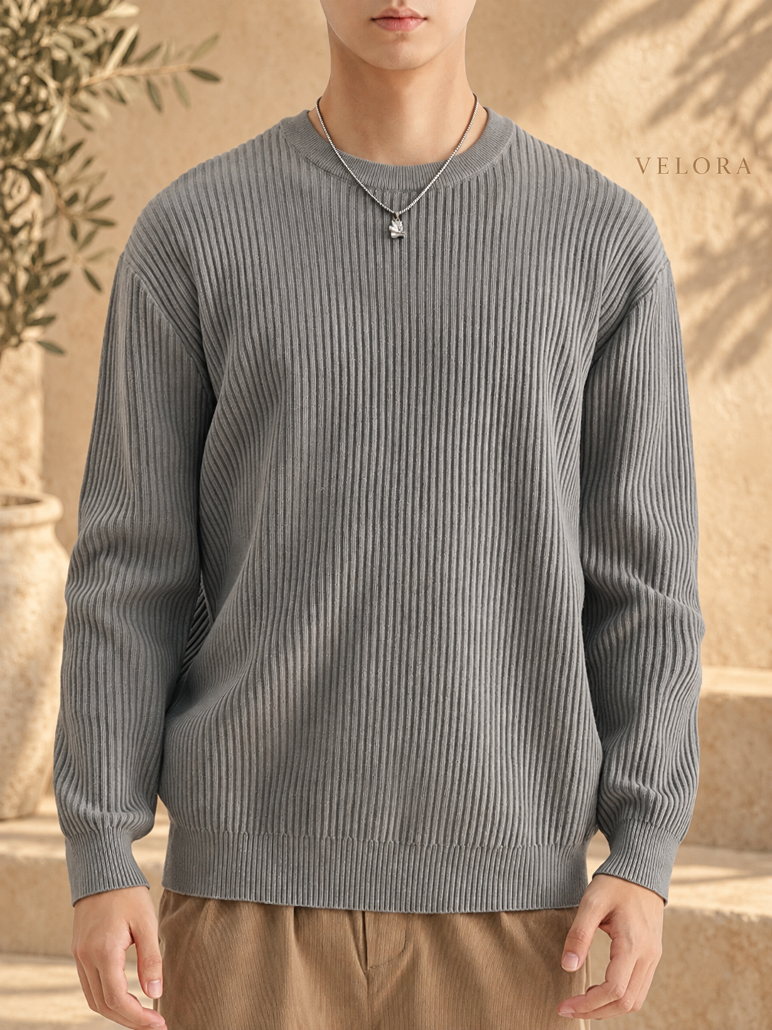 Men's Plus Size Ribbed Knit Crew Neck Sweater – image 10 – VELORA Mediterranean