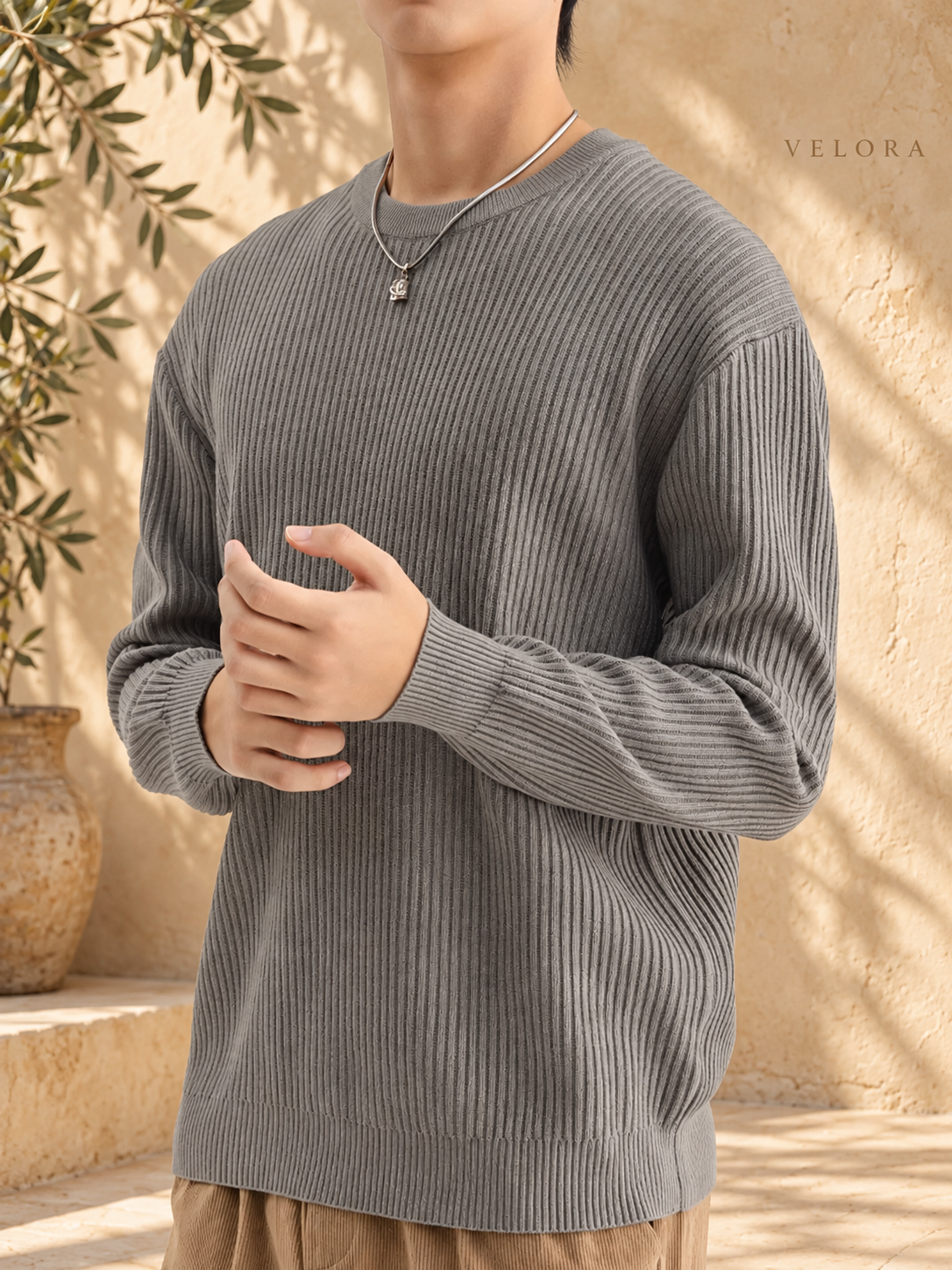 Men's Plus Size Ribbed Knit Crew Neck Sweater – image 11 – VELORA Mediterranean