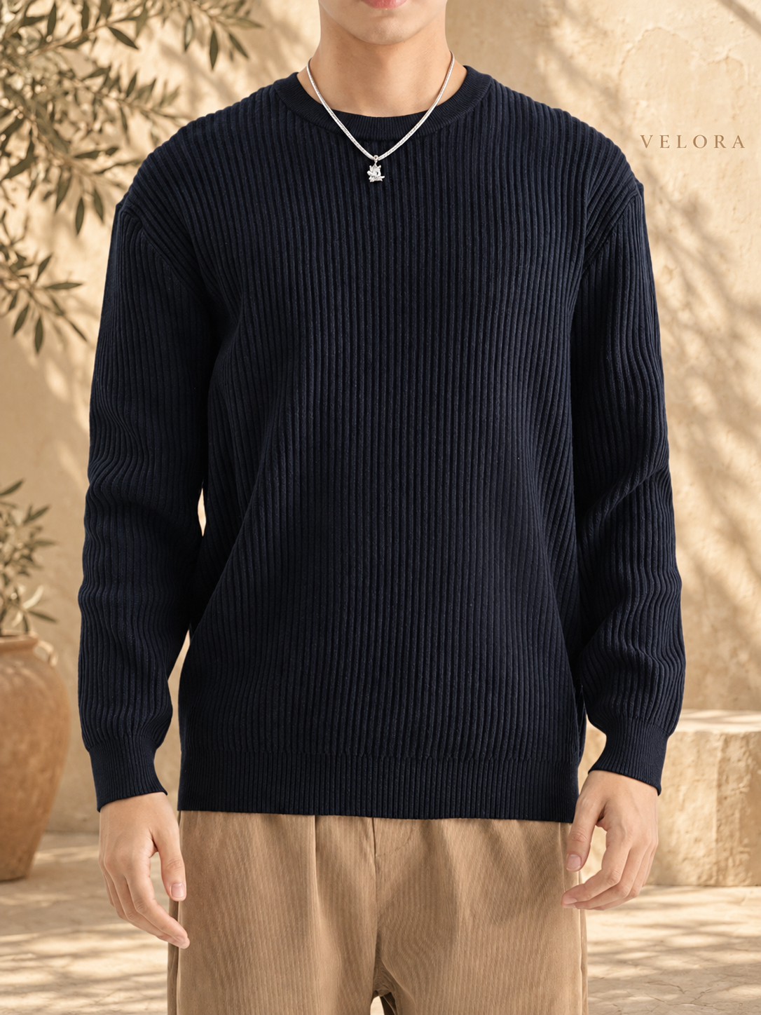 Men's Plus Size Ribbed Knit Crew Neck Sweater – image 4 – VELORA Mediterranean