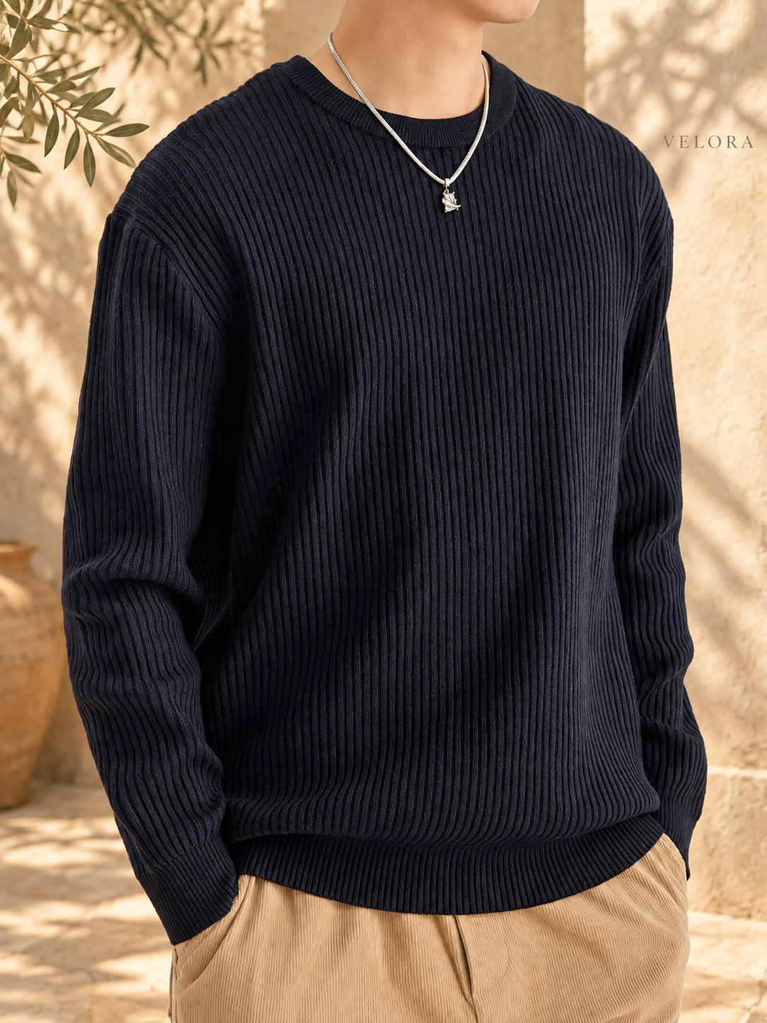 Men's Plus Size Ribbed Knit Crew Neck Sweater – image 5 – VELORA Mediterranean