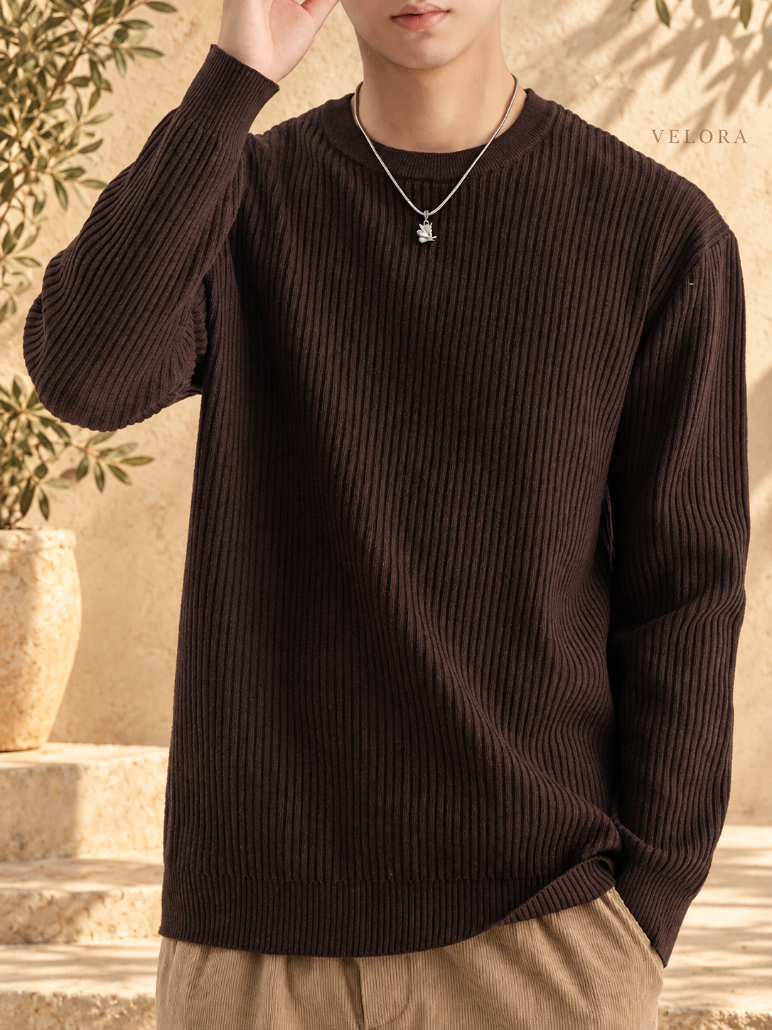 Men's Plus Size Ribbed Knit Crew Neck Sweater – image 7 – VELORA Mediterranean