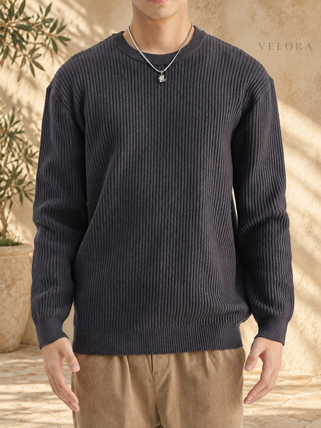 Men's Plus Size Ribbed Knit Crew Neck Sweater – image 8 – VELORA Mediterranean