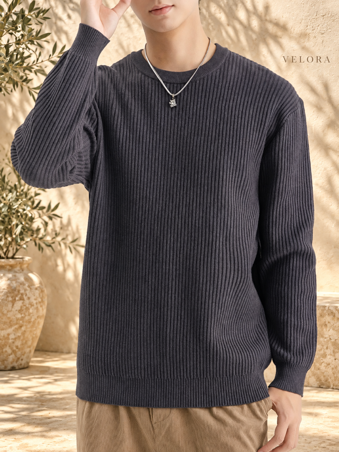 Men's Plus Size Ribbed Knit Crew Neck Sweater – image 9 – VELORA Mediterranean