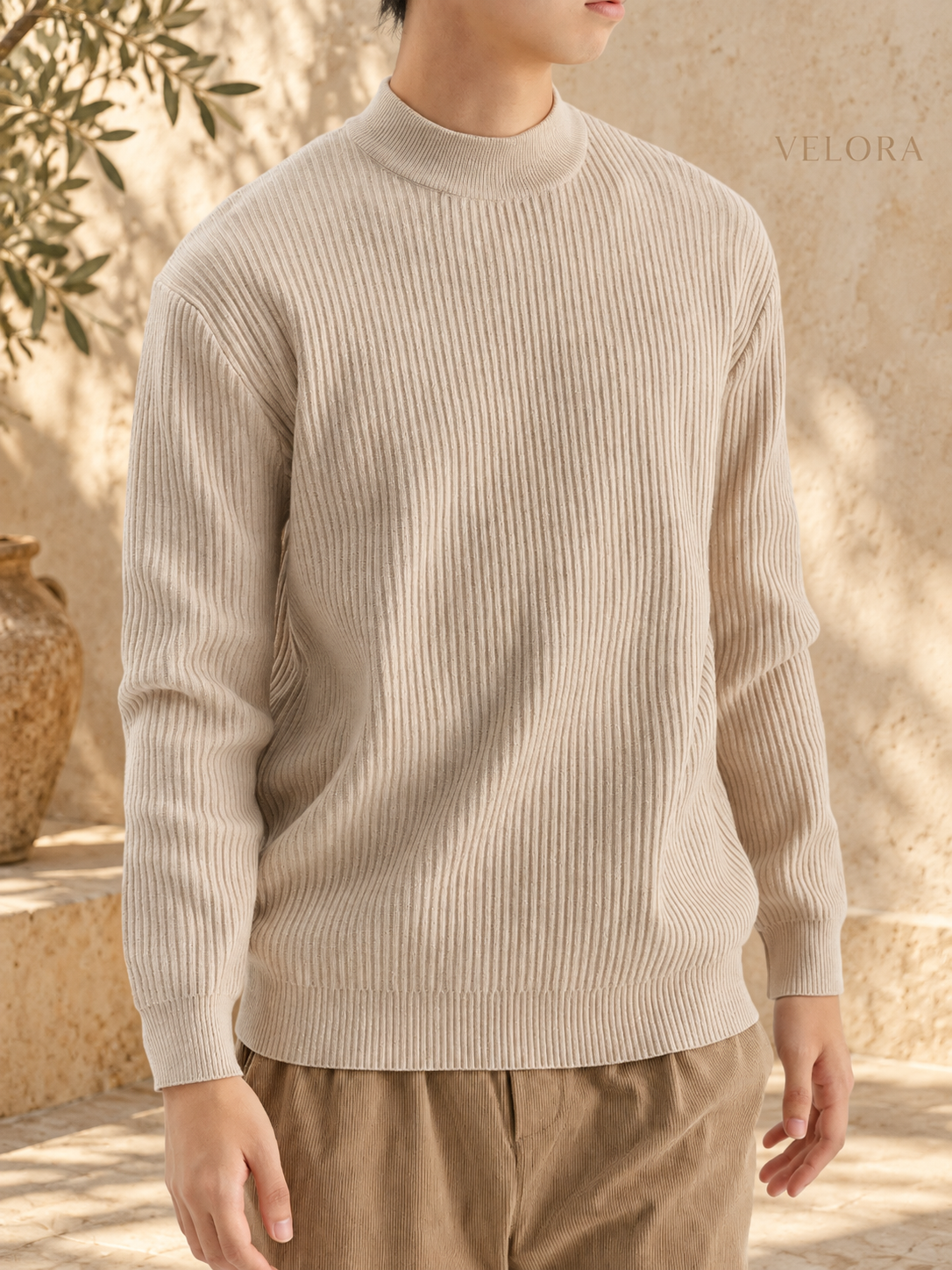 Men's Plus Size Ribbed Mock Neck Sweater – image 1 – VELORA Mediterranean