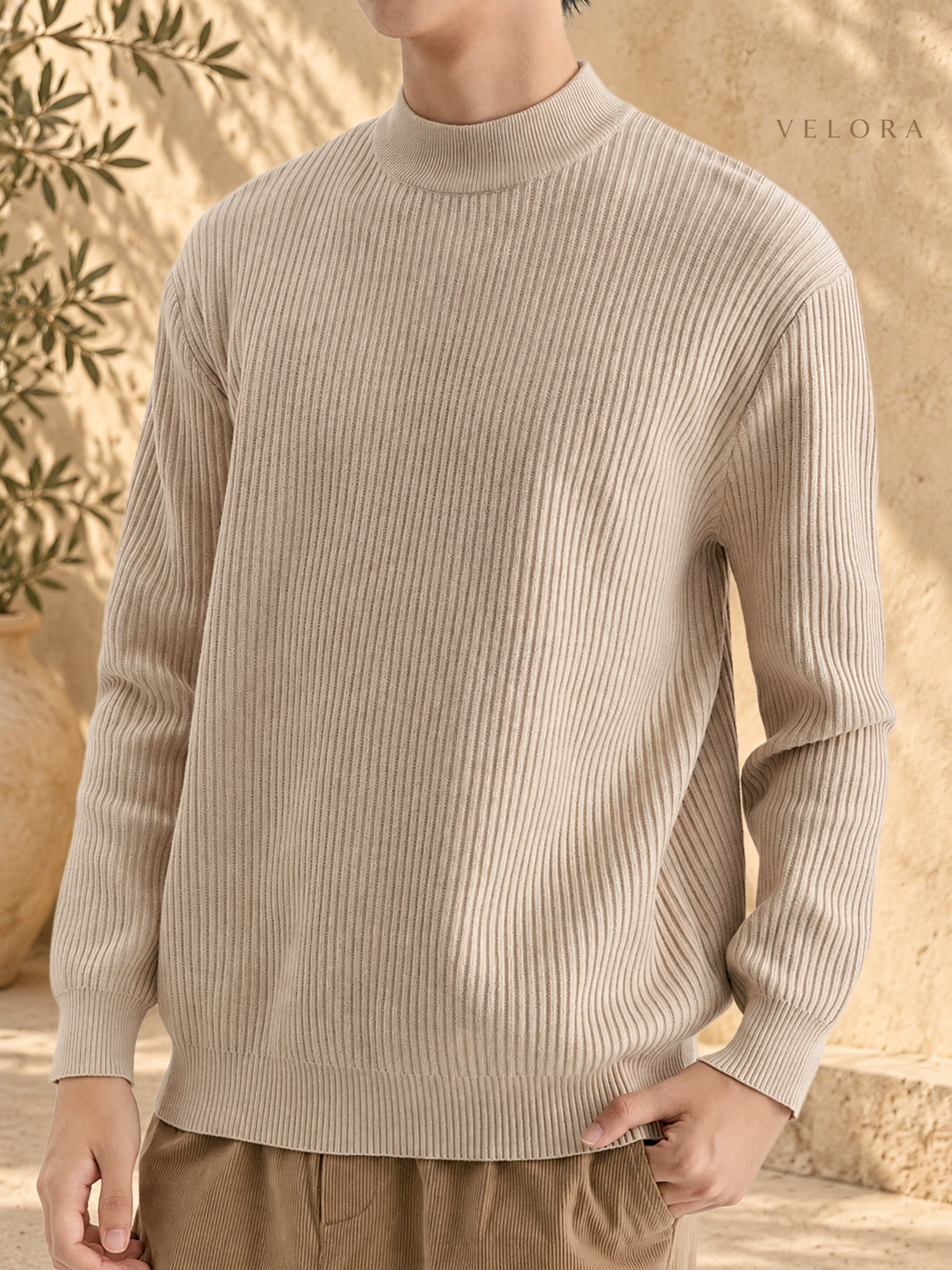 Men's Plus Size Ribbed Mock Neck Sweater – image 2 – VELORA Mediterranean