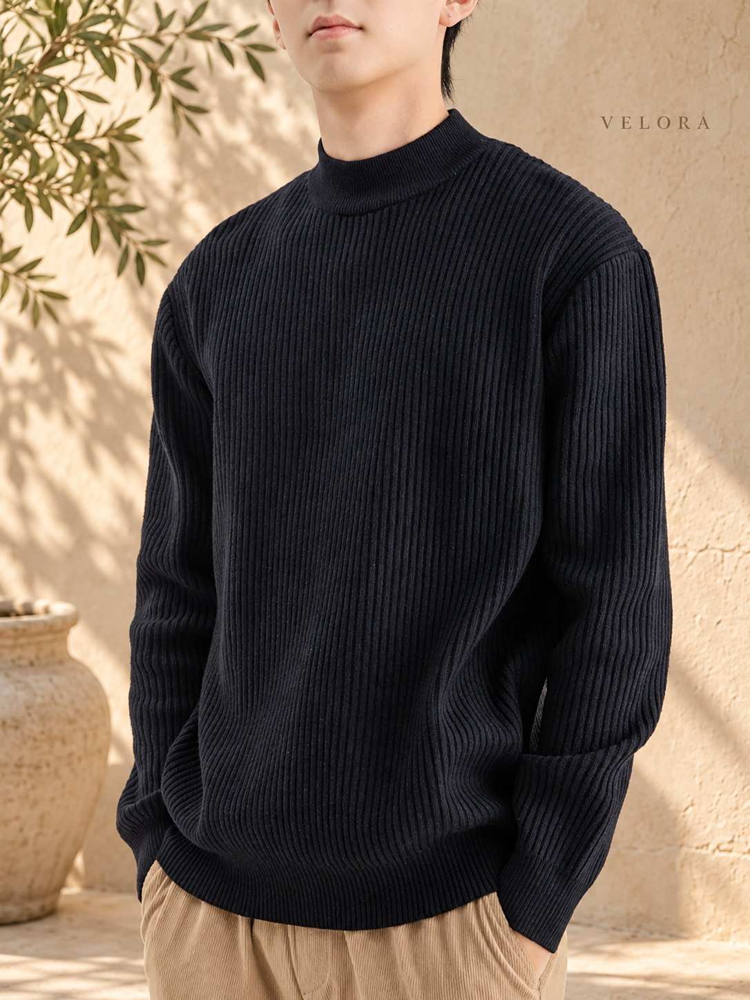 Men's Plus Size Ribbed Mock Neck Sweater – image 5 – VELORA Mediterranean