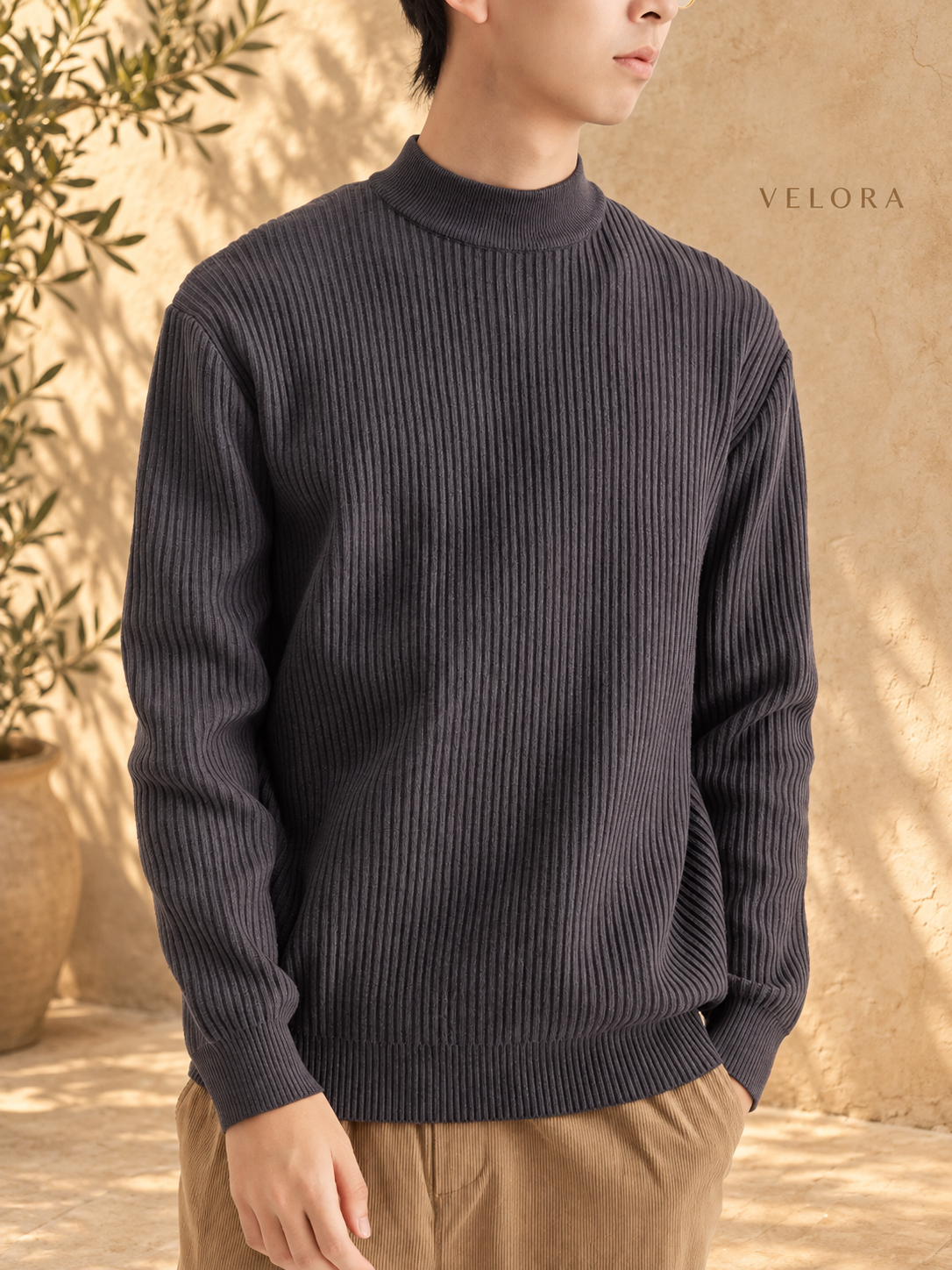 Men's Plus Size Ribbed Mock Neck Sweater – image 6 – VELORA Mediterranean