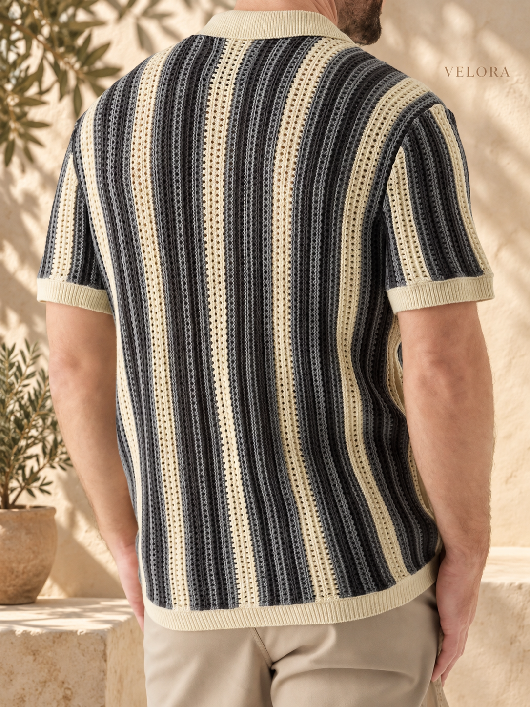 Men's Plus Size Striped Button Up Short Sleeve Cardigan – image 2 – VELORA Mediterranean
