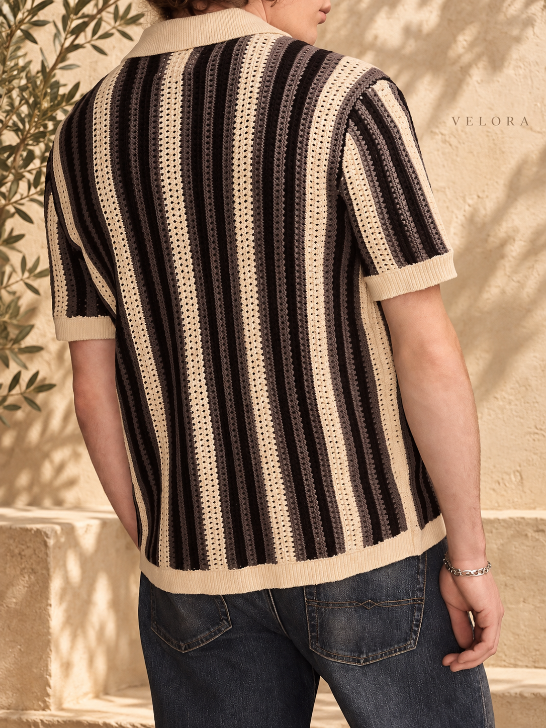 Men's Plus Size Striped Button Up Short Sleeve Cardigan – image 4 – VELORA Mediterranean