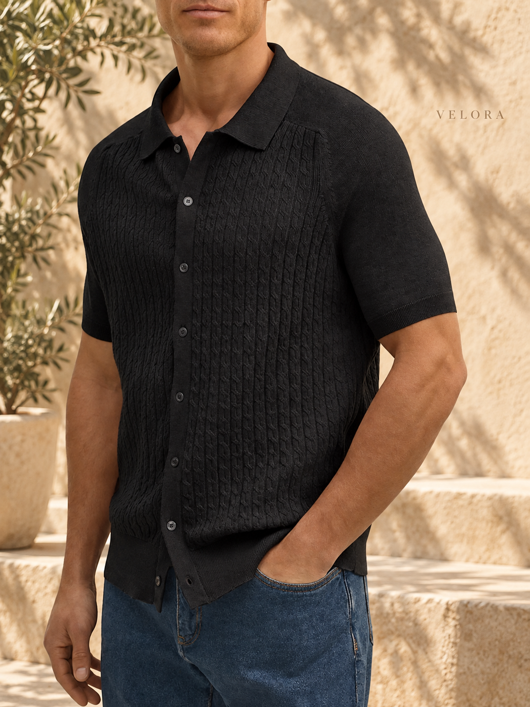 Men's Plus Size Short-Sleeve Textured Knit Cardigan – image 2 – VELORA Mediterranean
