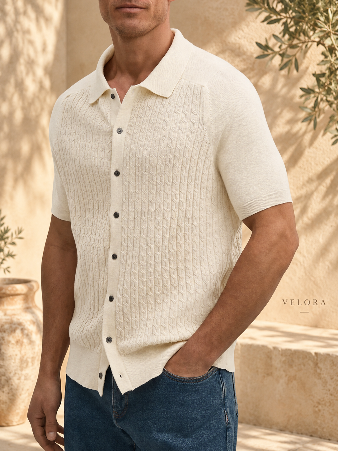 Men's Plus Size Short-Sleeve Textured Knit Cardigan – image 3 – VELORA Mediterranean