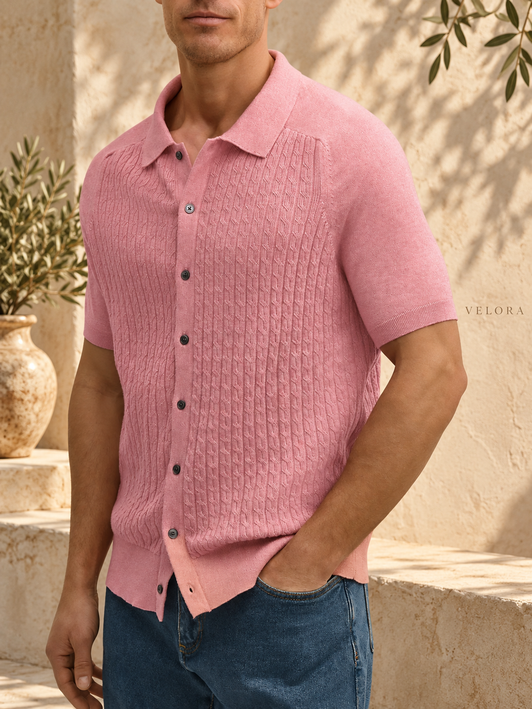 Men's Plus Size Short-Sleeve Textured Knit Cardigan – image 4 – VELORA Mediterranean
