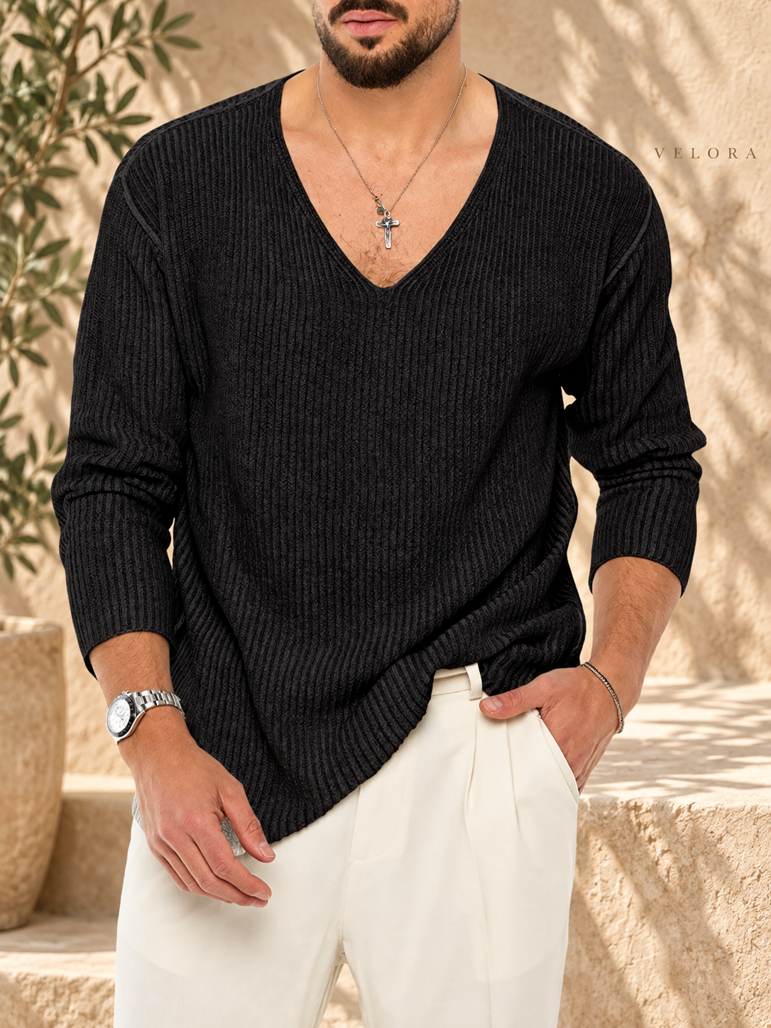 Men's Casual V-Neck Ribbed Knit Sweater – image 3 – VELORA Mediterranean