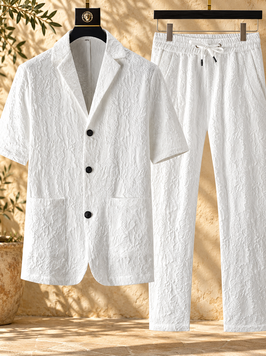 Men's Button-Up Shirt & Pants Set, white, VELORA Mediterranean background