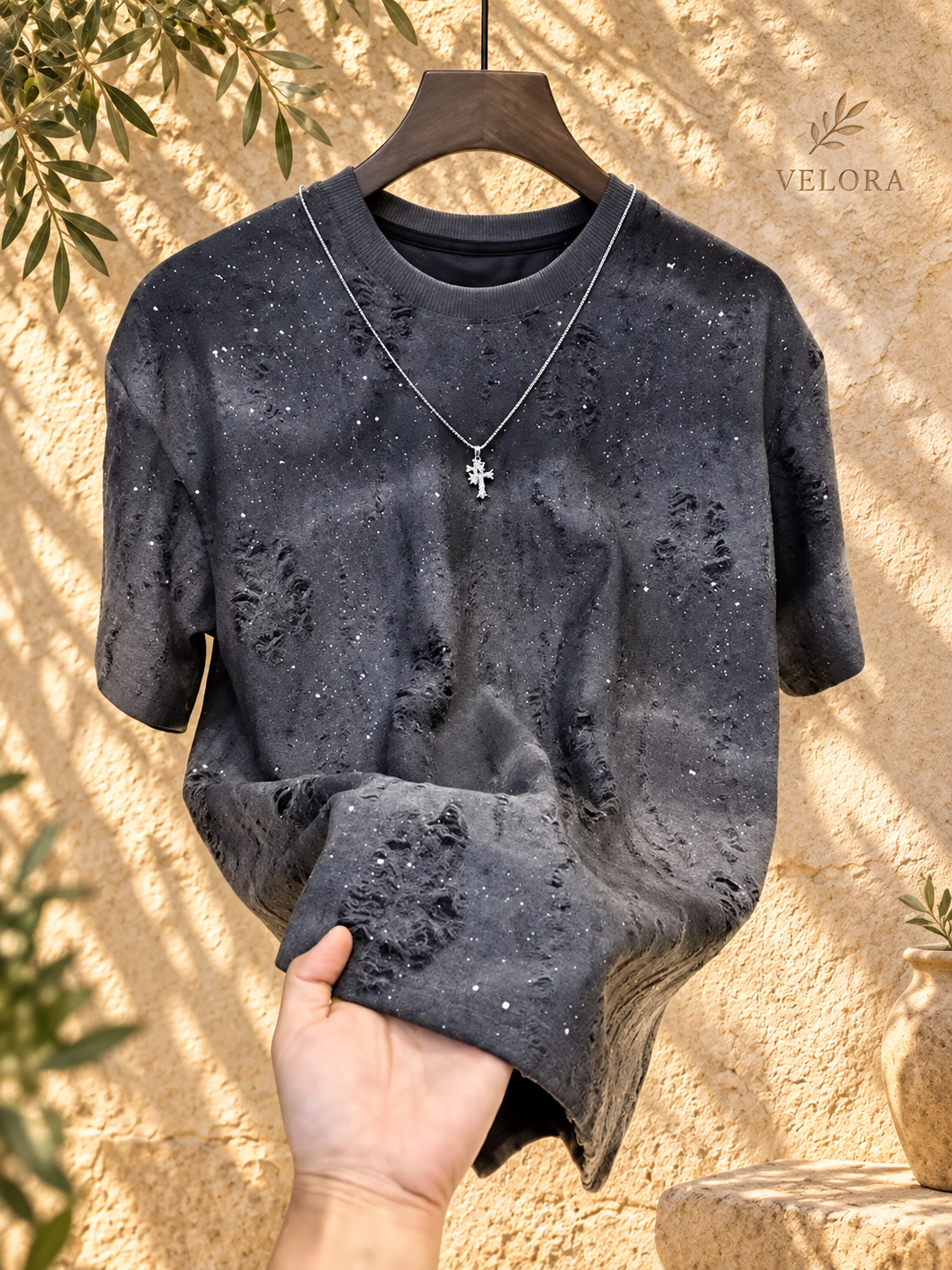 Men's Distressed Short Sleeve T-Shirt – Grey – VELORA Mediterranean