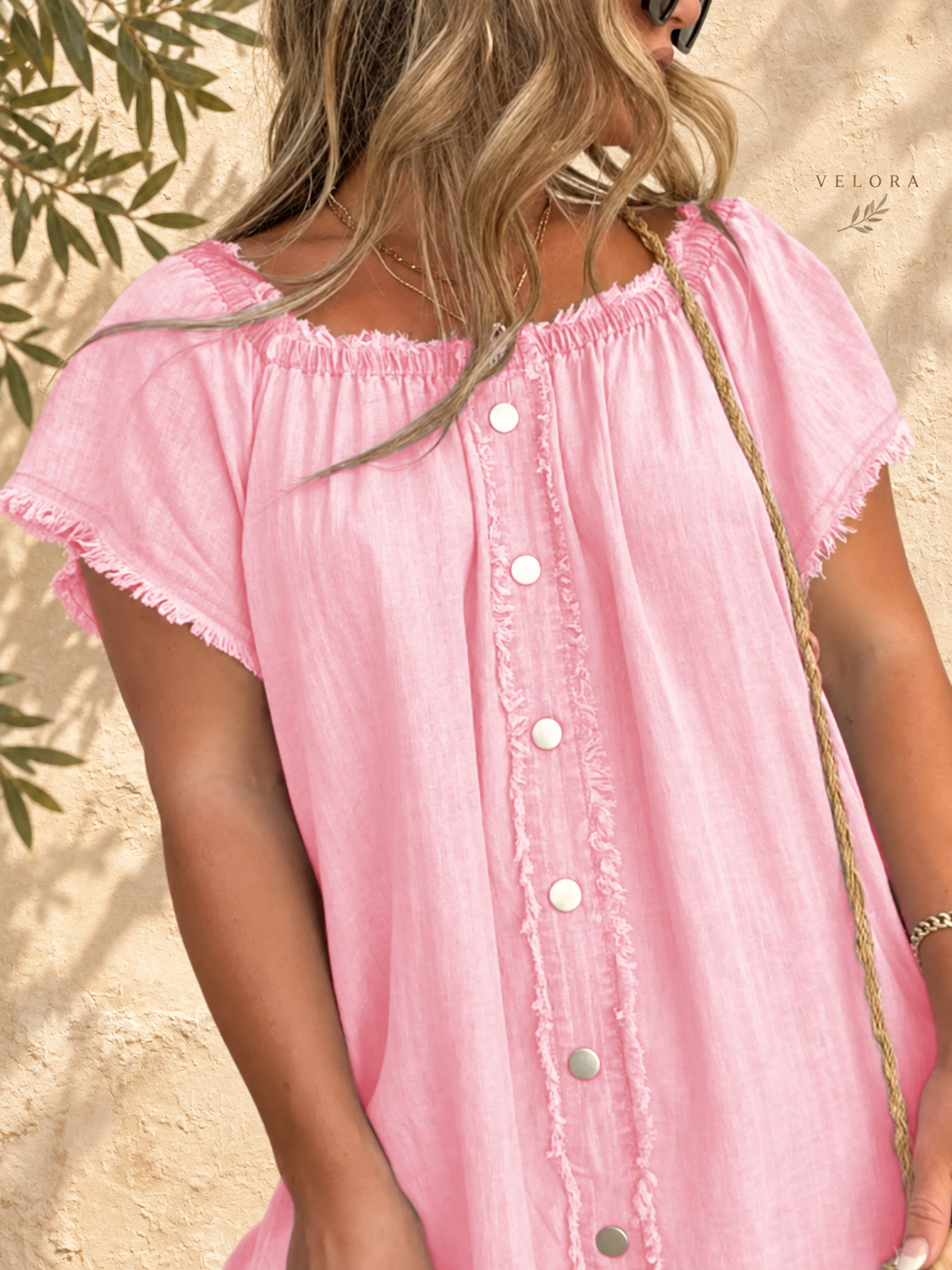 VELORA Off-Shoulder Frayed Denim Dress, pink, photo 12