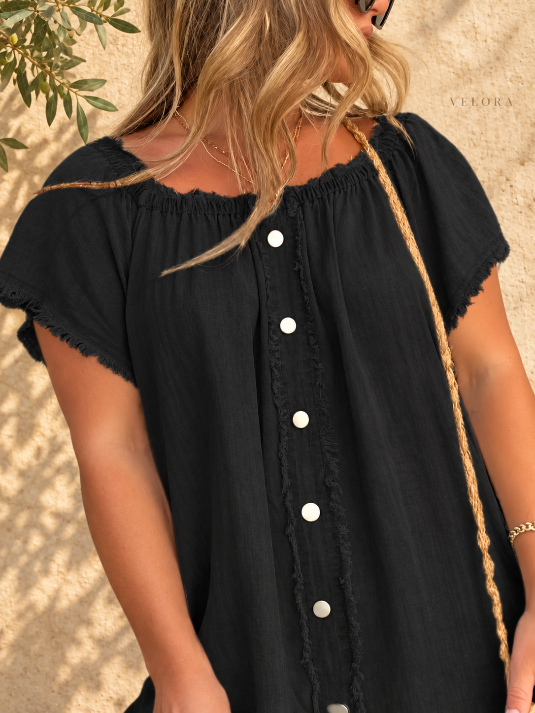 VELORA Off-Shoulder Frayed Denim Dress, black, photo 6