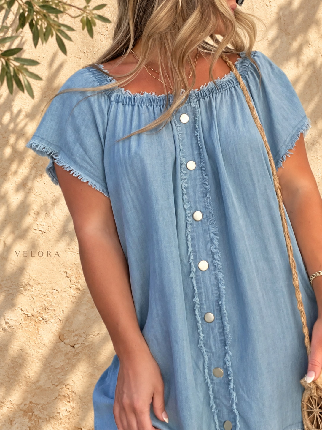 VELORA Off-Shoulder Frayed Denim Dress, dark blue, photo 9