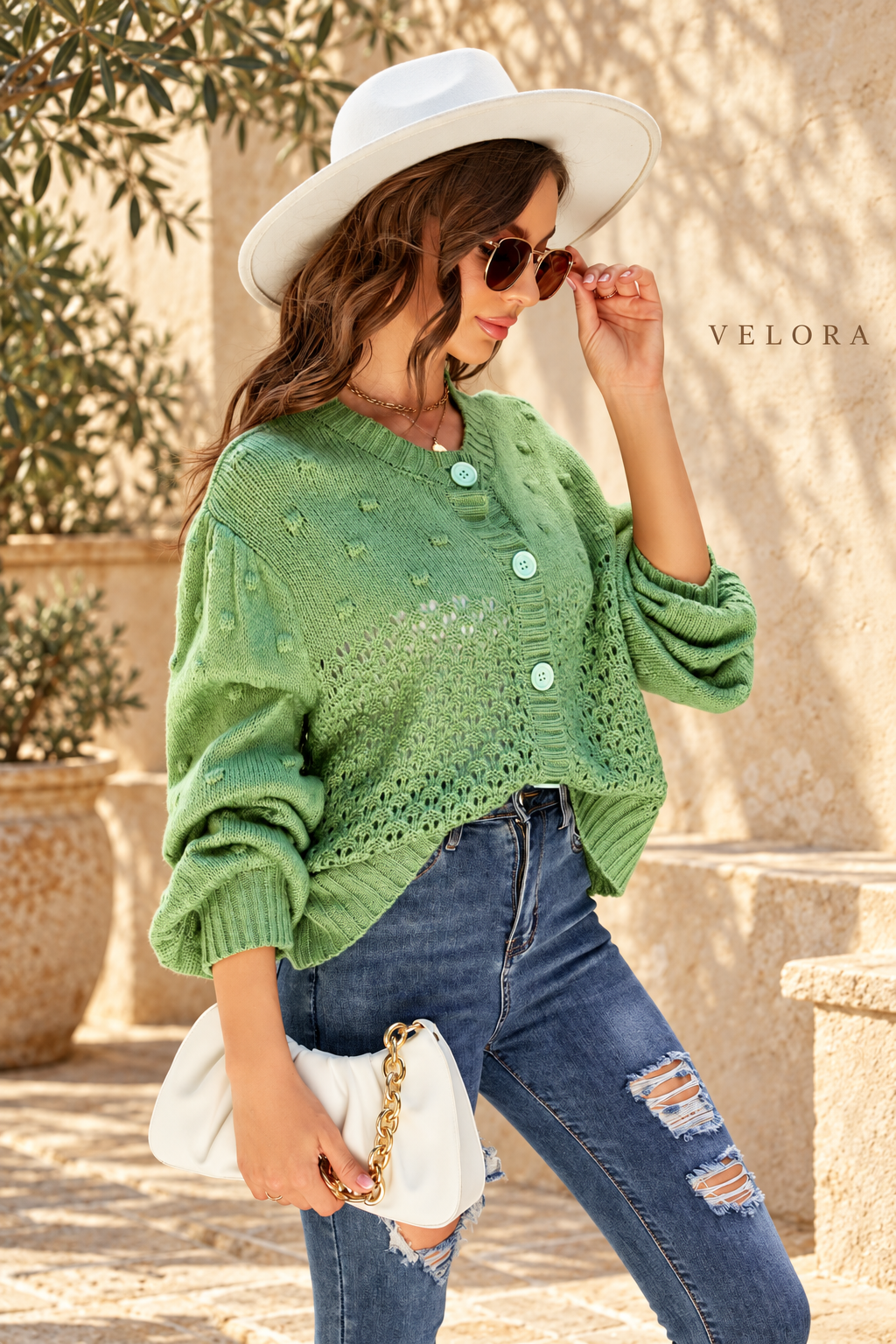VELORA Pompom Puff Sleeve Openwork Cardigan 10
