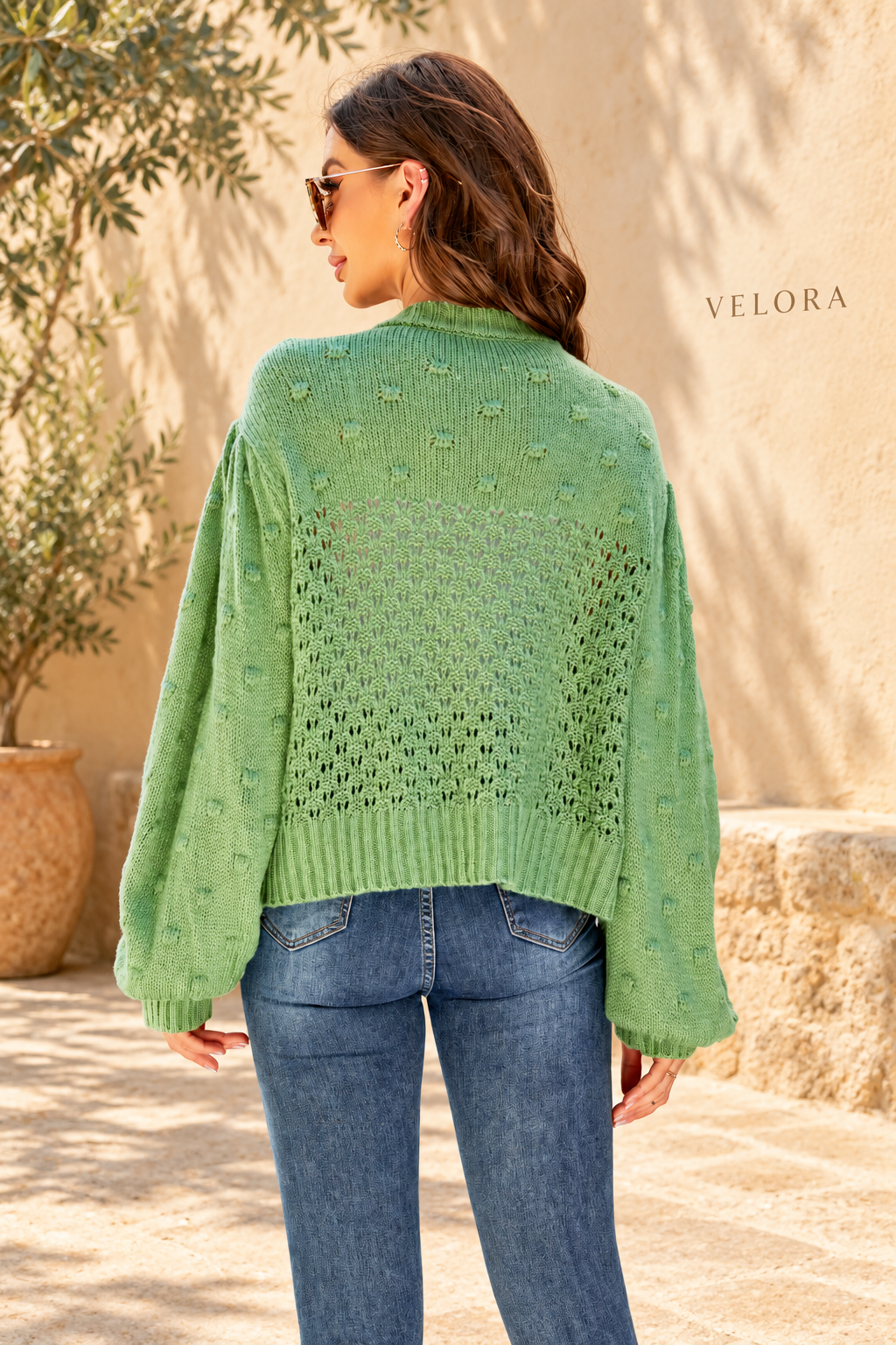 VELORA Pompom Puff Sleeve Openwork Cardigan 11
