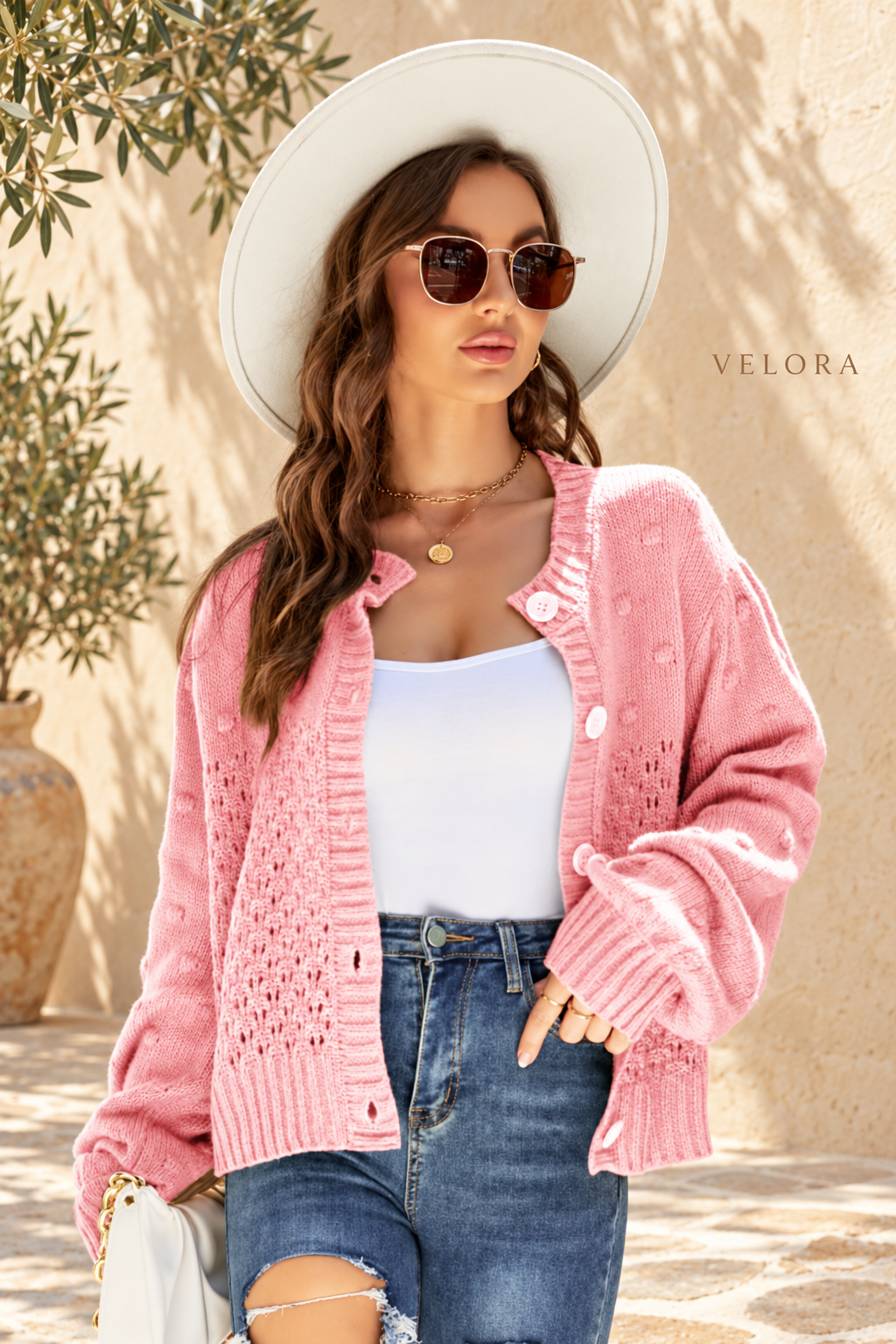 VELORA Pompom Puff Sleeve Openwork Cardigan 13