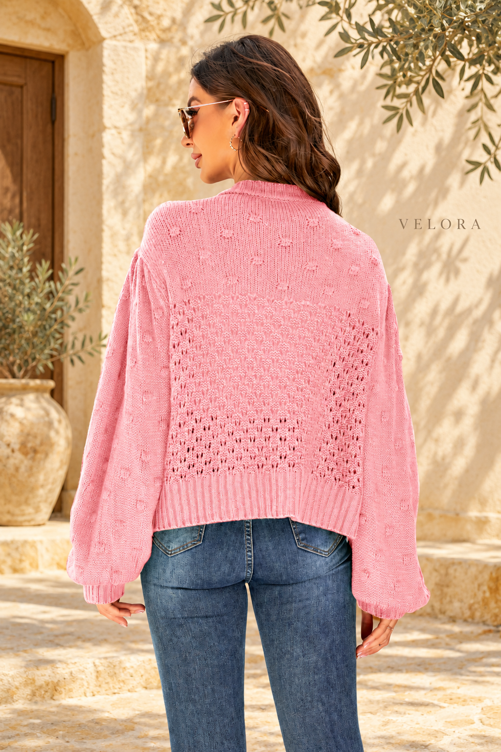 VELORA Pompom Puff Sleeve Openwork Cardigan 15