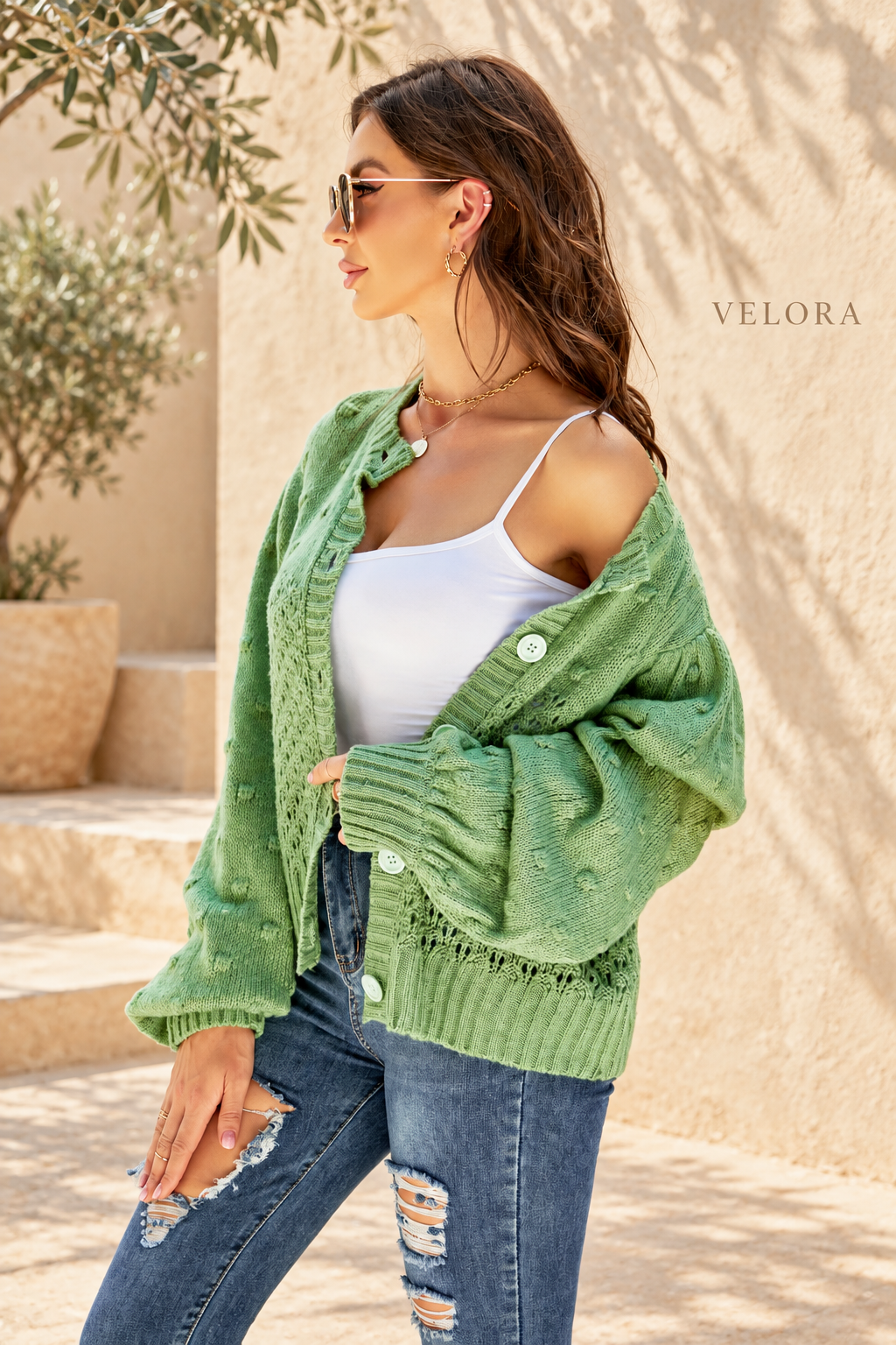 VELORA Pompom Puff Sleeve Openwork Cardigan 9