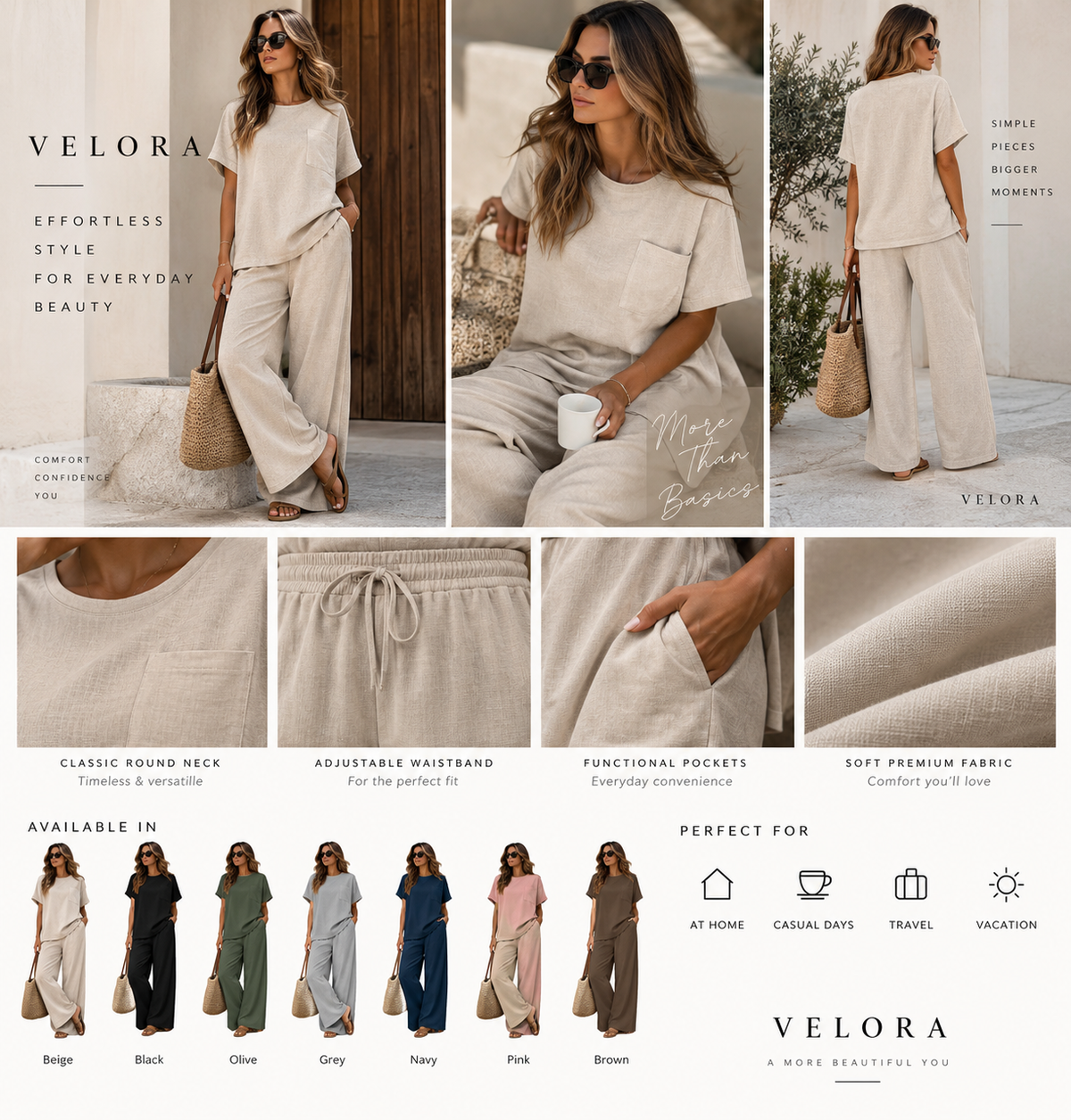 VELORA Relaxed Pocket Two-Piece Set premium lifestyle collage